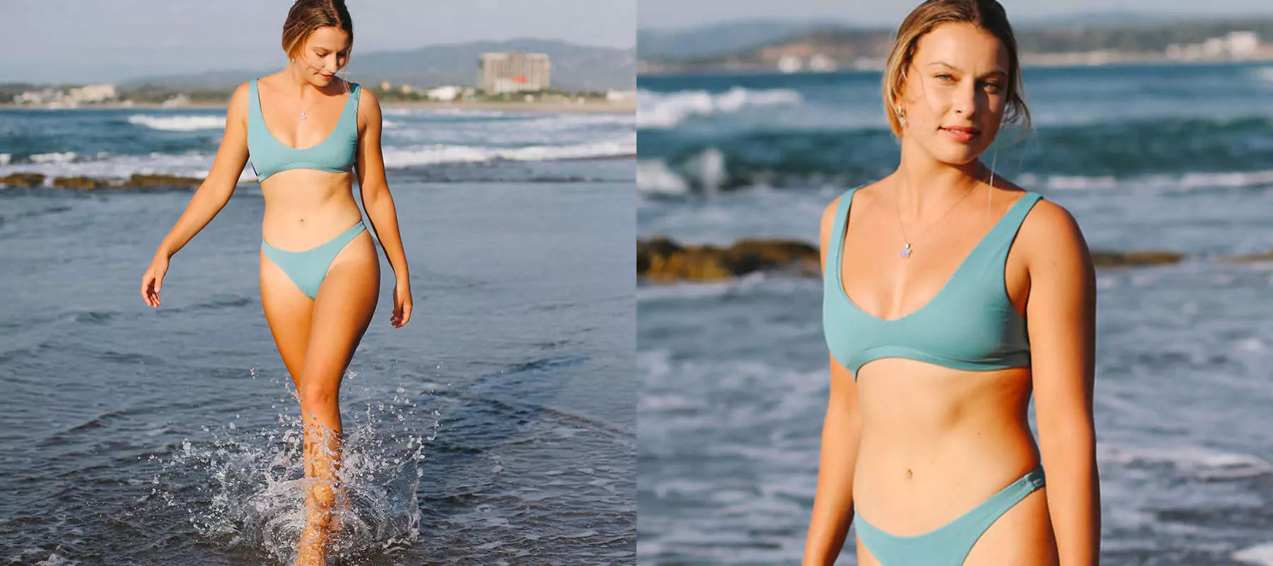 A woman is wearing nias surf bikini top in stone blue color at la union philippines 