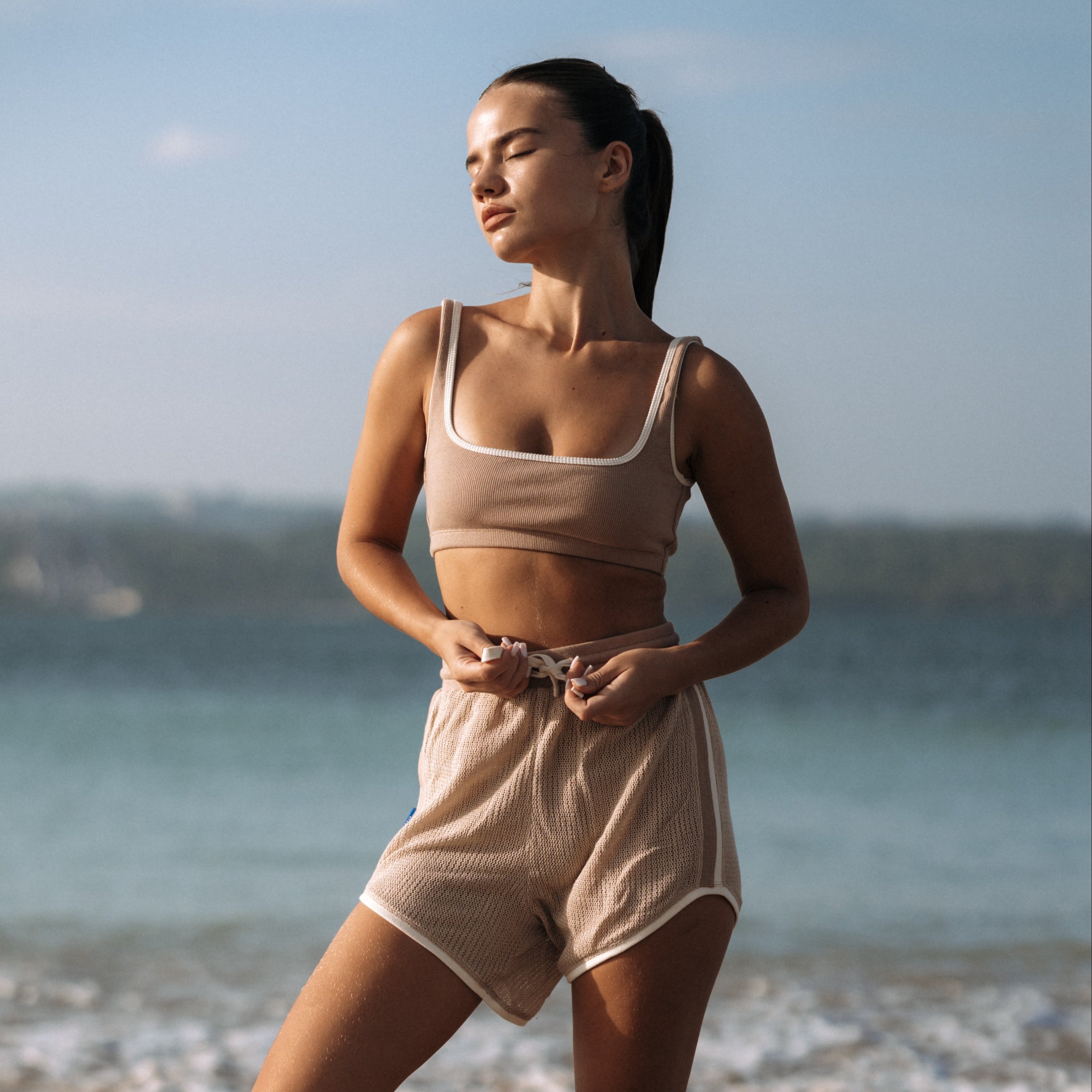 NOA Mesh Rib Cotton Pants in Nude | Hinako Capsule | Ninefoot Studio