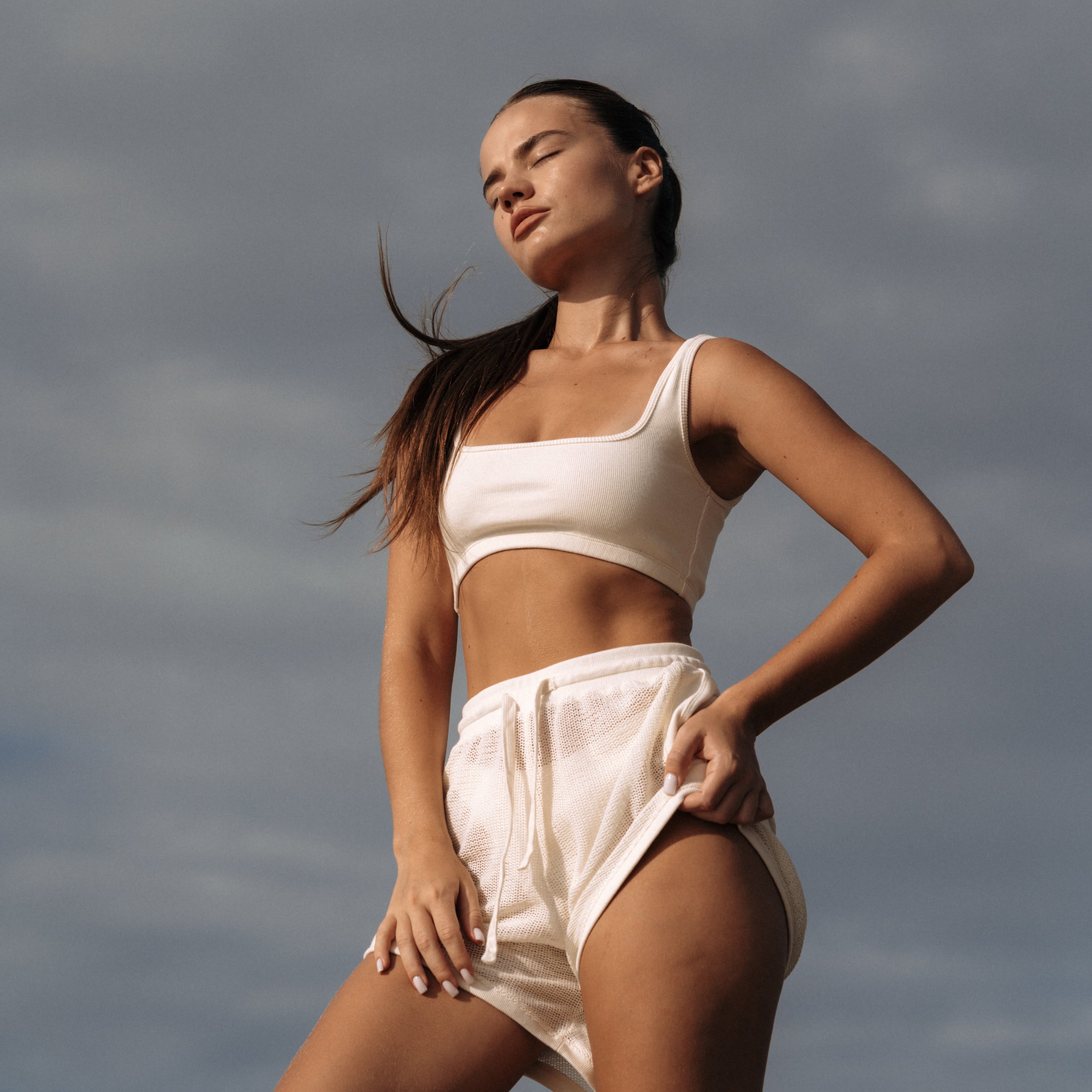 Outerwear Collection | NA Sculpted Neckline Rib Cotton Top in White