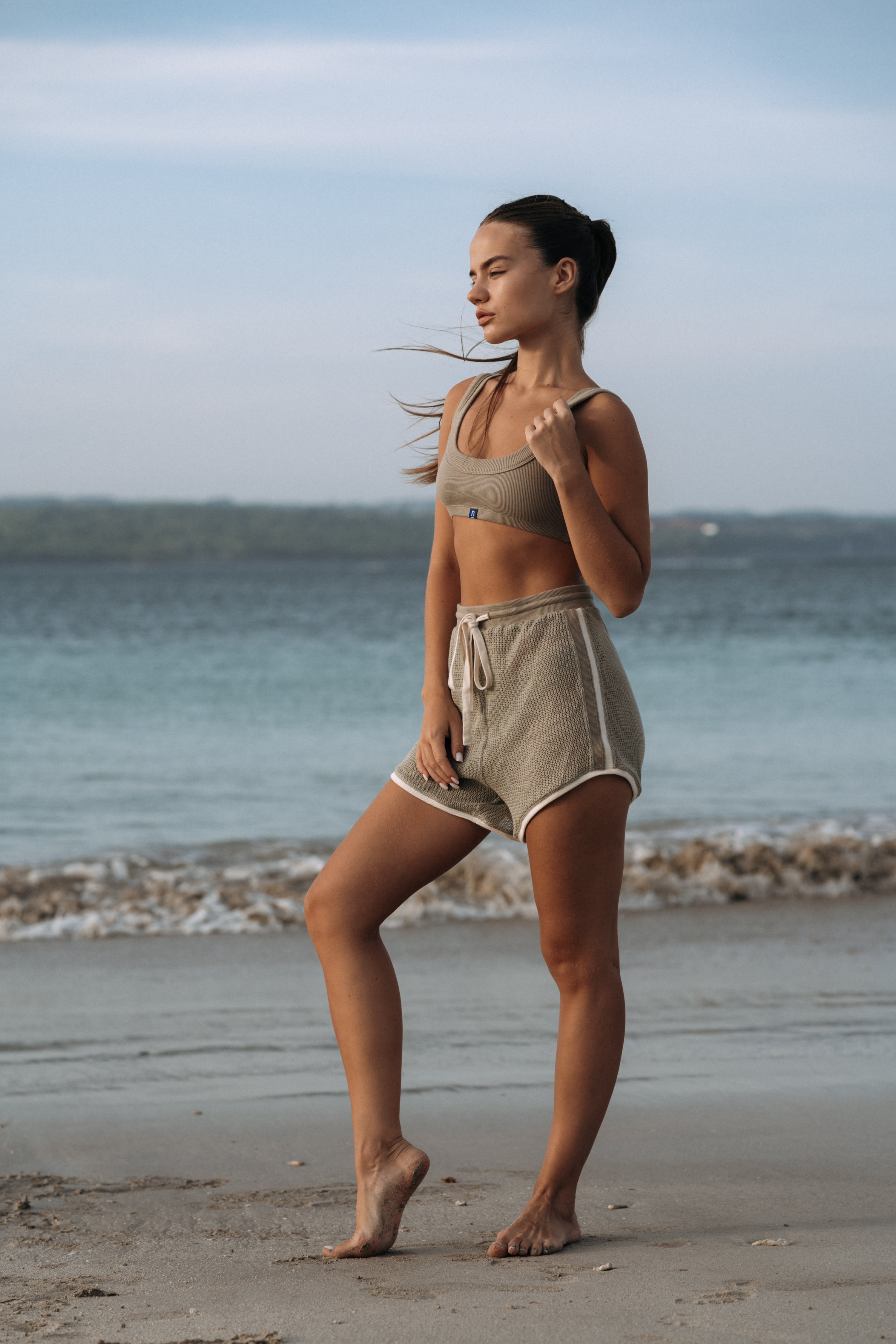 Outerwear Collection | NA Sculpted Neckline Rib Cotton Top in Army Green