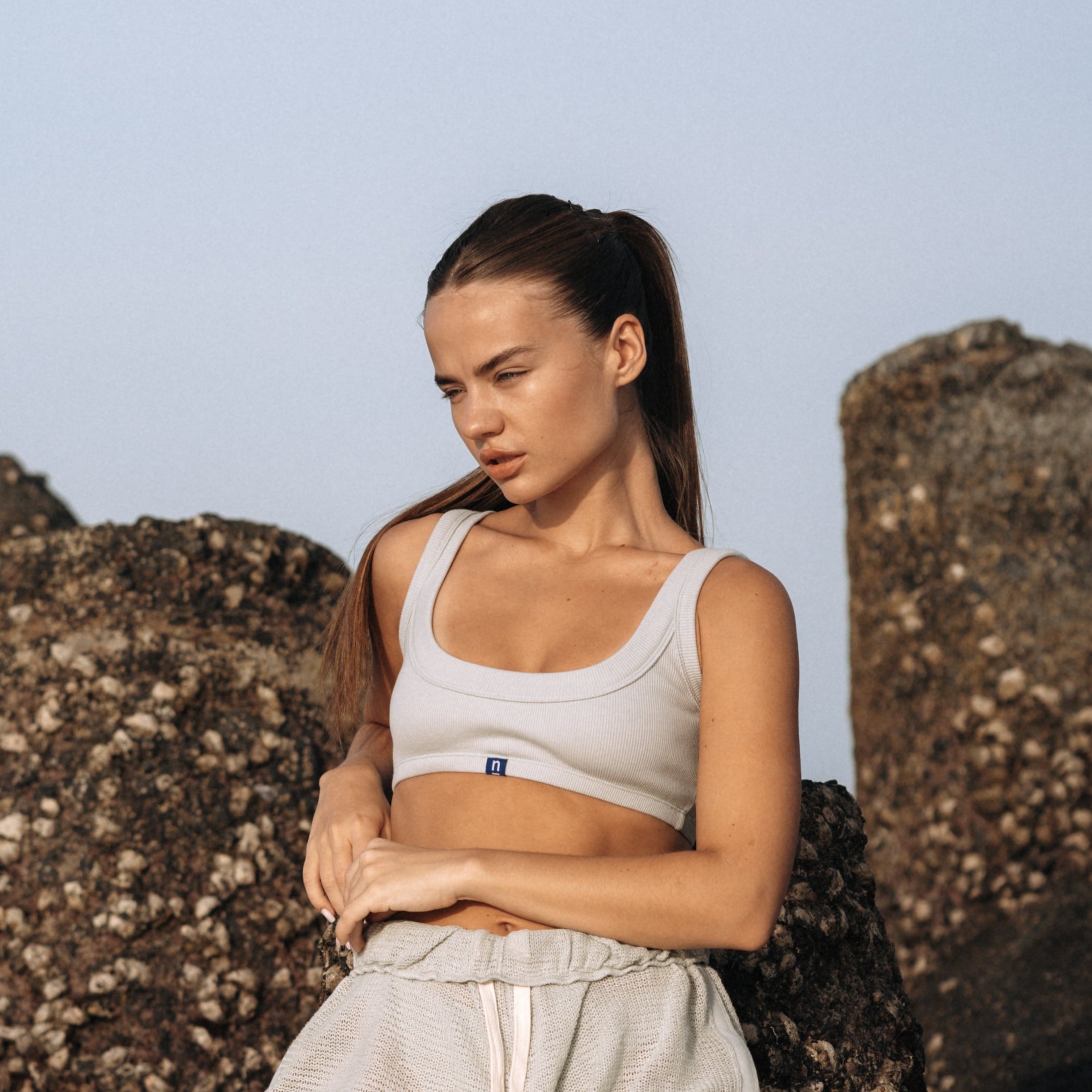 Outerwear Collection | NA Sculpted Neckline Rib Cotton Top in Mint