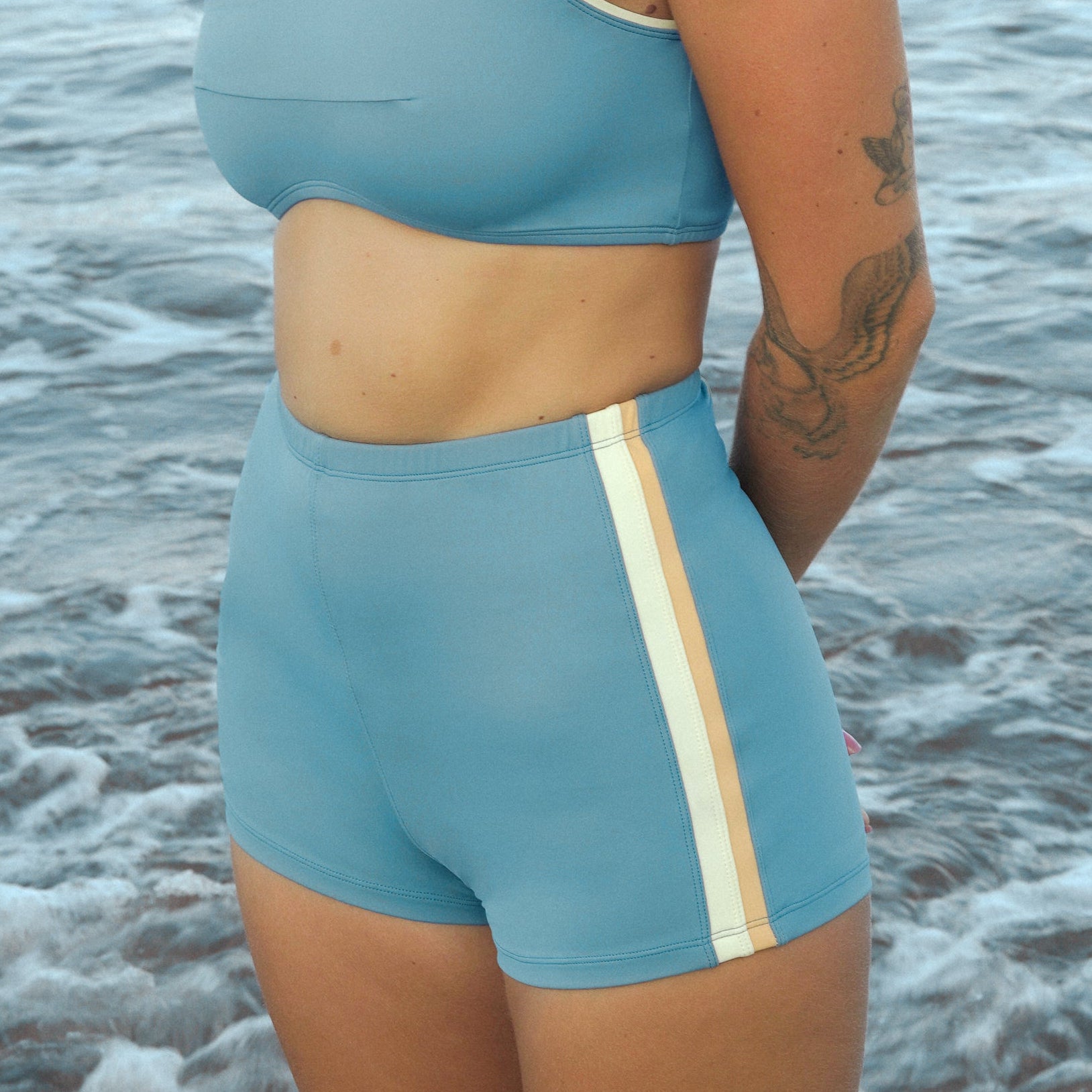 Jimmy's retro surf shorts in Stone Blue