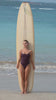 Woman wearing Ninefoot Studio sage burgundy one-piece swimsuit with cream contrast straps – scoop neck Italian recycled fabric surf swimwear made in Bali