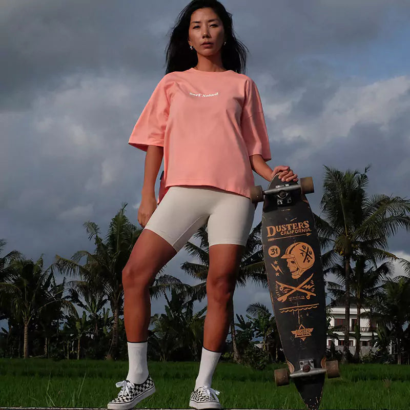 surf naked surfing oversized t-shirt in salmon color front side full body