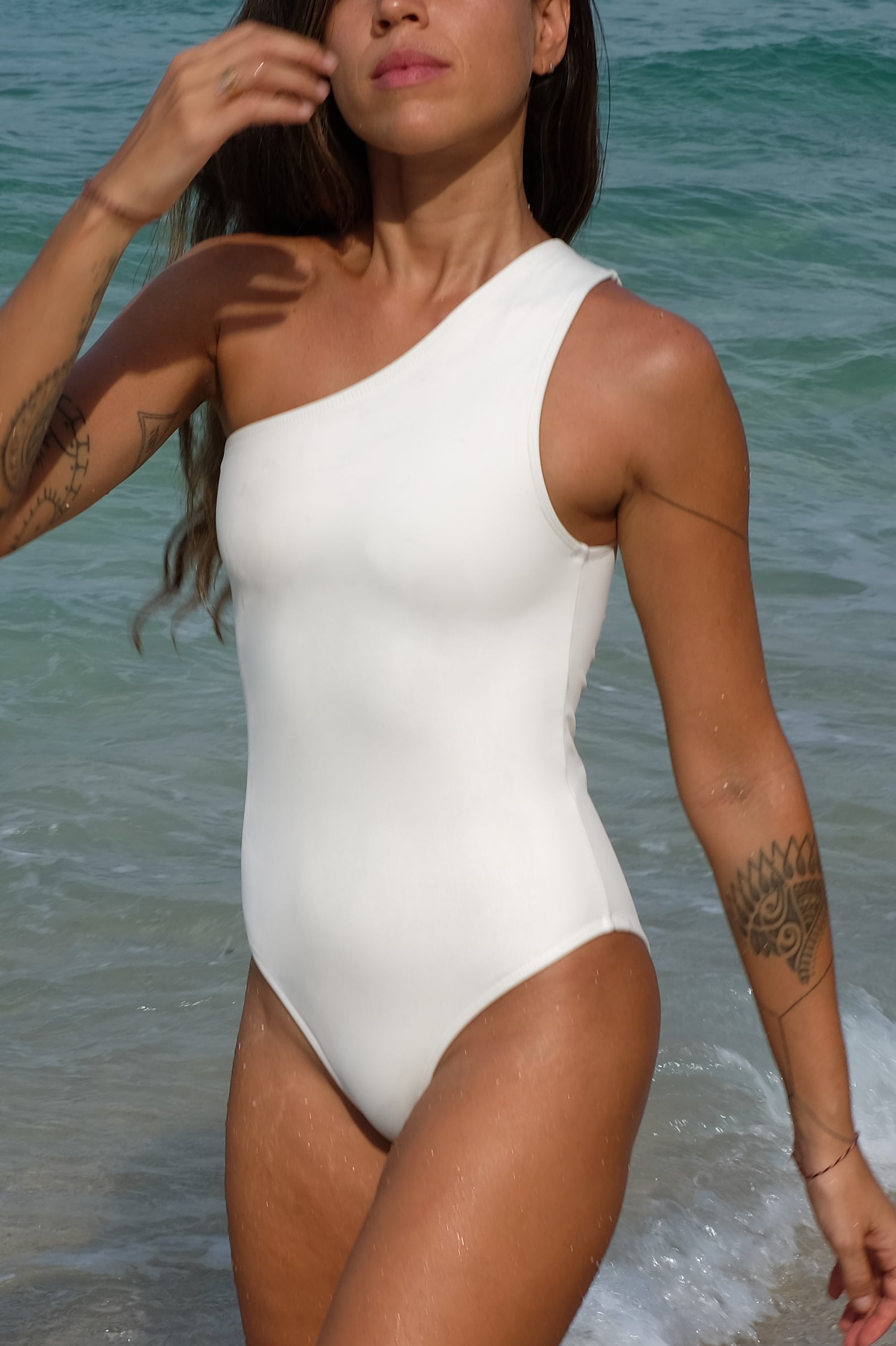 Ninefoot Studio Mawi One Shoulder Surf Swimsuit in Off White | One piece