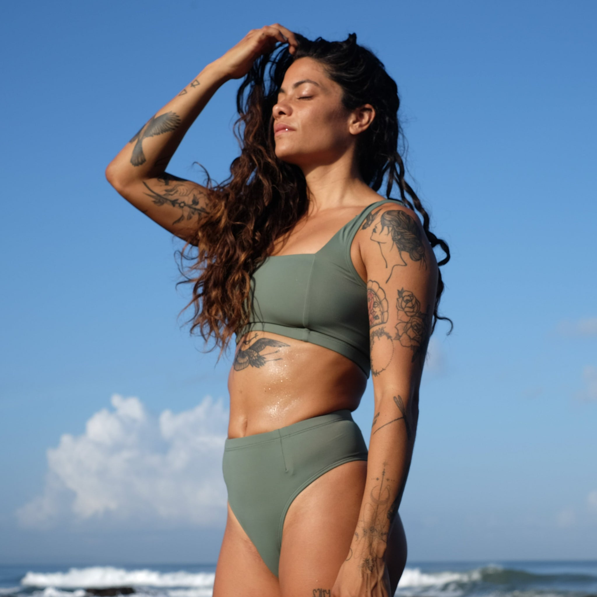 Ninefoot Studio Nyang-Nyang Surf Bikini Bottom in Army Green | Bottoms